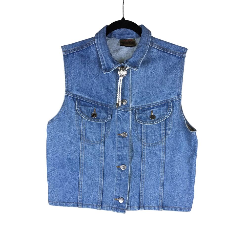 Vintage Blue Jean Vest Women’s Medium Denim Western Casual Bolo Tie Style